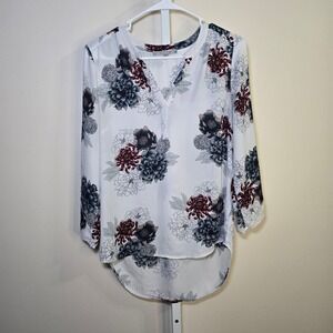 Daniel Rainn‎ White Floral Print V Neck 3/4 Sleeve High Low Tunic Blouse Top S
